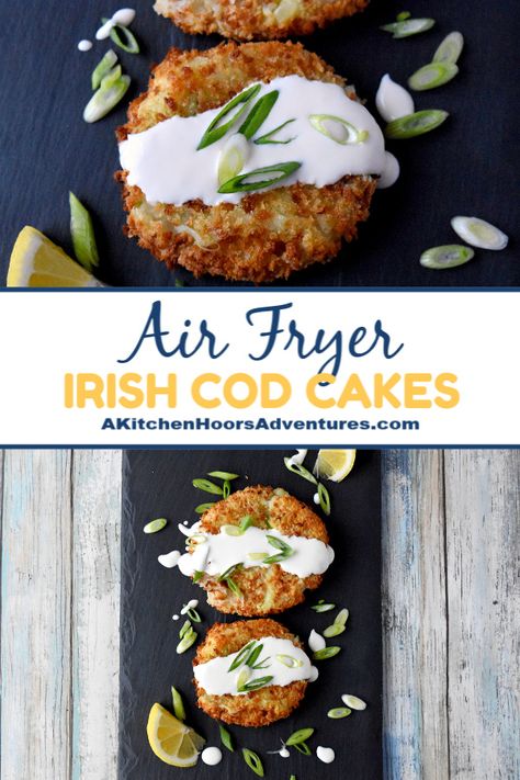 Leftover mashed potatoes and leftover cod make for a simple, quick, and delicious dinner.  Irish Cod Cakes are crispy on the outside, creamy good on the inside, and come together in a snap!  You can easily prepare them ahead of time and chill until you’re ready to cook them. via @akitchenhoor Air Fryer Fish Cakes, Cod Appetizer Recipes, Leftover Cod, Cod Fish Cakes, Ideas For Appetizers, Cod Cakes, Irish Dinner, Irish Foods, Fried Cod