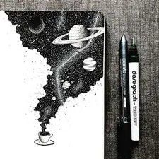 Coffee Art Illustration, Stippling Art, Space Drawings, Cross Hatching, Ink Artwork, Sketches Simple, A Cup Of Coffee, Art And Illustration, Art Ink