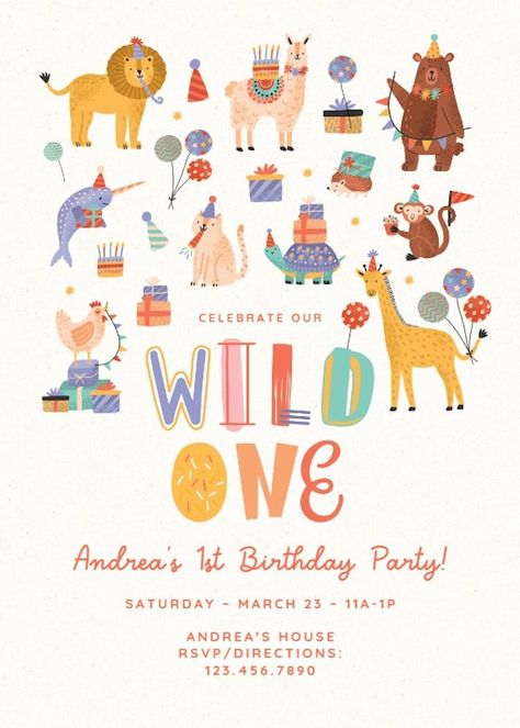 Merry Menagerie - 1st Birthday Invitation Template (Free) | Greetings Island Merry Menagerie, Birthday Invitation Design, 1st Birthday Invitation Template, Animal Theme Birthday, Animal Party Theme, Greetings Island, 1st Birthday Invitation, Thanksgiving Kids, Birthday Invitation Template