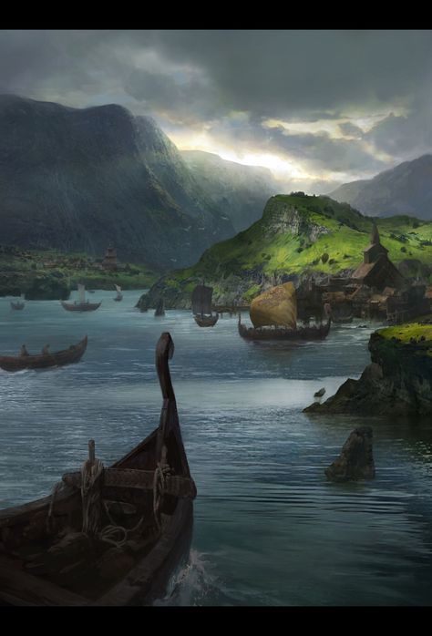 Viking Fantasy Art Landscape, Fantasy Viking Landscape, Vikings And Dragons, Viking Kingdom Fantasy Art, Viking Town Concept Art, Fantasy Beach Village, Viking Village Concept Art, Viking Fantasy Art, Viking Core