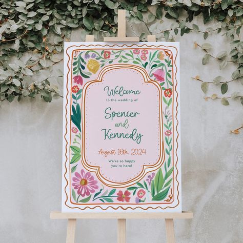 Colorful Floral Spring Welcome Sign, Colorful Flowers Sign, Editable Template, Instant Download, Wedding Welcome Sign, Garden Flowers, DAGNY by ForeverPrintDesign on Etsy Vibrant Pastel Wedding, Floral Wedding Design, Simple Garden Party Wedding, Hand Painted Wedding Welcome Sign, Whimsical Wedding Welcome Sign, Funky Wedding Theme, Colourful Garden Wedding, Colorful Wedding Signs, Fall Colorful Wedding