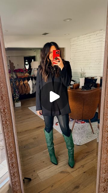 Stephanie Joplin on Instagram: "Get the fun boots! Nothing beats an all black outfit, and some fun accessories! 💚🖤 These boots minimally stocked in this color, but I linked up some other fun green boots. Click that first link in my bio to shop! #midsizefashion #midsizestyle #festivewear" Green Boots Outfit Winter, Green Booties Outfit, Green Boots Outfit, Fun Boots, Winter Boots Outfits, Mid Size Fashion, Midsize Style, Green Boots, Western Style Outfits