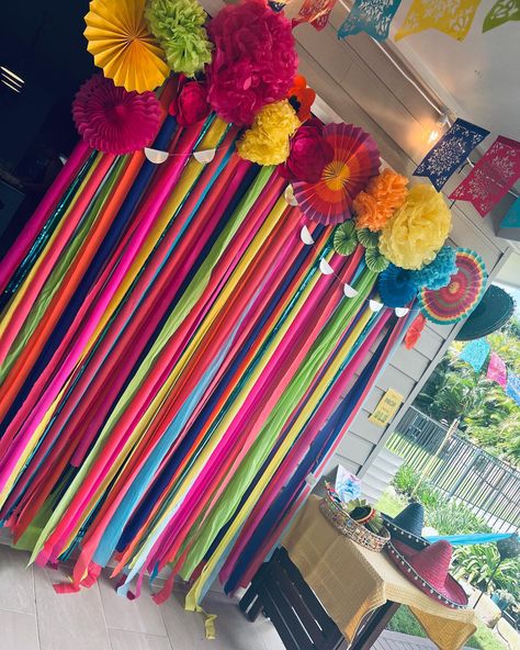 This is a handmade colourful backdrop used for a fiesta party. All the guests commented the decorations looked amazing 😍 Mexican Fiesta Photo Booth Backdrops, Fiesta Birthday Backdrop, Mexican Balloon Backdrop, Mexican Fiesta Party Ideas Decorations, Fiesta Photo Backdrop, Fiesta Party Backdrop, Colourful Backdrop, Fiesta Photo Booth, Dia De Los Muertos Party Ideas