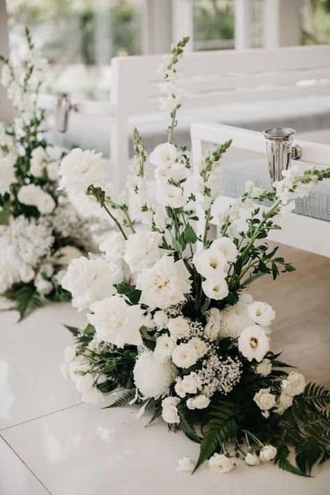 Would need 8-10 of these arrangements to frame aisle on either side. White Wedding Florals, Classic White Wedding, Black And White Wedding Theme, White Wedding Theme, Aisle Flowers, All White Wedding, Wedding Ceremony Flowers, Wedding Flower Inspiration, White Wedding Flowers