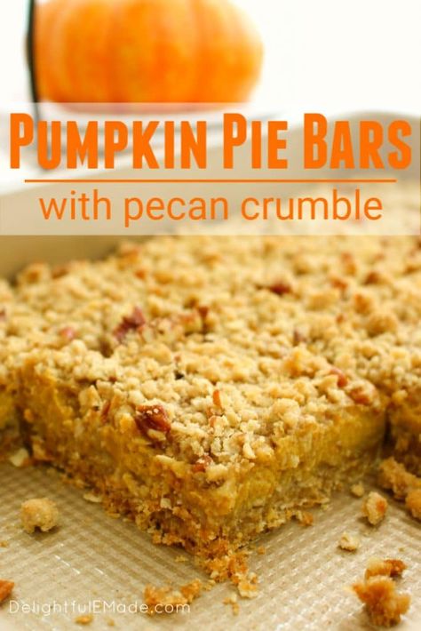 Even easier than pie, these Pumpkin Pie Bars with Pecan Crumble are the perfect fall dessert! Made with a simple oatmeal brown sugar crust, and topped with an amazing pecan crumble, these Pumpkin Crumble Bars will be even more popular than the classic pie! #pumpkinbars #pumpkindessert Pumpkin Crumble Bars, Pumpkin Crumble, Pumpkin Bars Recipe, Easy Pumpkin Bars, Layered Pumpkin Dessert, Simple Oatmeal, Pumpkin Pie Bars Recipe, Pie Bars Recipe, Pecan Crumble