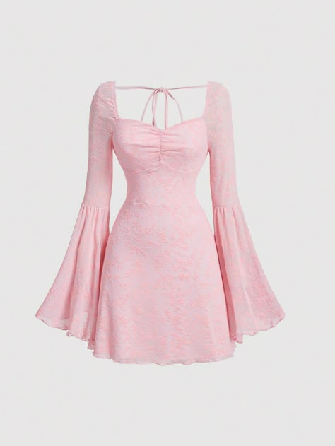 Hoco Dresses With Long Sleeves, Short Pink Dresses Formal, Pink Sweetheart Neckline Dress, Pink Dress With Long Sleeves, Cute Pink Outfits For Birthday, Cute Dress Outfits For Party, Pink Long Sleeve Short Dress, Pink Formal Outfit, Cute Shein Dresses