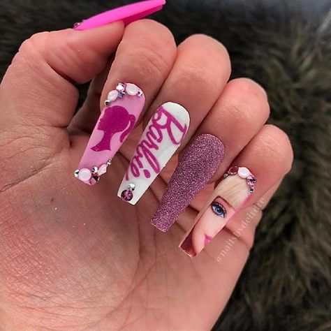 Barbie Pink Nails, Disney Acrylic Nails, Disney Nails, Summer Acrylic Nails, Gel Nail Designs, Acrylic Nails Coffin, Bling Nails, Pretty Acrylic Nails, Dope Nails