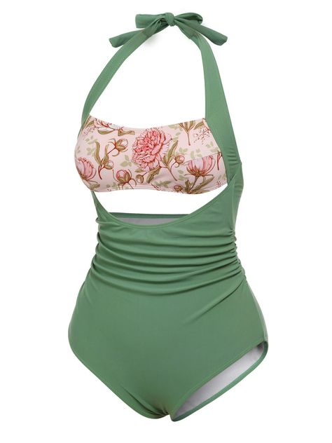 [Pre-Sale] Green 1930s Peony Halter One-Piece Swimsuit – Retro Stage - Chic Vintage Dresses and Accessories Retro Swimsuits For Women, Whimsigoth Swimsuit, My Dream Clothes, Fairy Swimsuit, Vintage Swim Suits, Aesthetic One Piece Swimsuit, 60s Bathing Suit, Corset Swimsuit, 70s Swimsuit