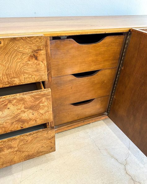 Coming today— Burl Wood Lowboy Dresser + Mirrors. Part of a stunning six-piece bedroom set by Lane. #vintagefurniture #midcentury #burl Dresser Mirrors, Lowboy Dresser, Burl Wood, Burled Wood, Dresser With Mirror, Bedroom Set, Vintage Furniture, Dresser, Vanity