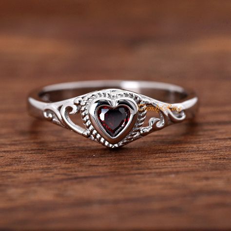 Solid 925 Sterling Silver 4mm January Birthstone Dark Red Garnet Color Heart CZ Bezel Set Rope Filigree Baby Girls Childrens Teens Ring ▷Gift Box Included ▷7mm Height ▷Size 1 - 12 Available ▷925 Sterling Silver (not plated or filled) ▷925 Stamp Authenticity ▷High-Quality Cubic Zirconia Used https://www.etsy.com/shop/TrendyRing Dark Red Ring, Grandma Jewelry, Teen Ring, Garnet Color, Edgy Jewelry, Color Heart, Dope Jewelry, Garnet Jewelry, January Birthstone