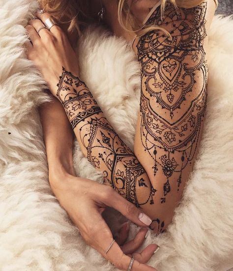 Whole arm henna tattoo Lace Sleeve Tattoos, Henne Tattoo, Lace Tattoo Design, Tattoo Henna, Cat Tattoos, Japanese Tattoos, Tiny Tattoo, Lace Tattoo, Full Sleeve Tattoos