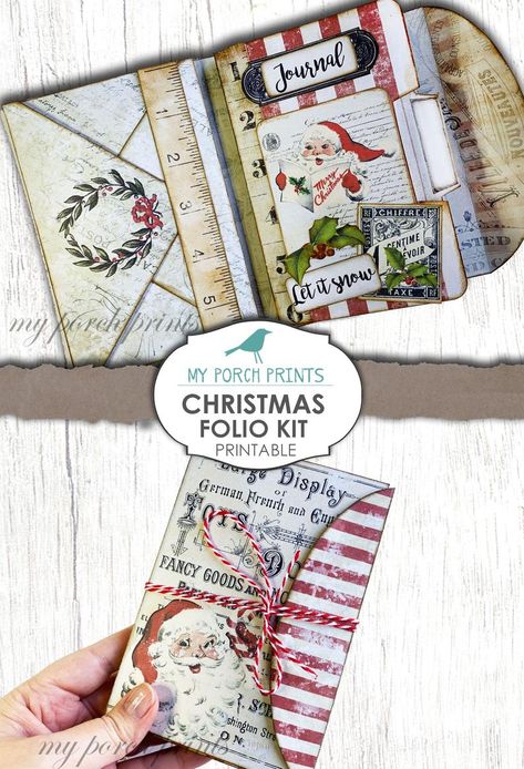 Christmas Folio Junk Journal Kit Ephemera My Porch Prints | Etsy Mini Folder, Joy Journal, Free Scrapbook Paper, Book Journals, My Porch Prints, Christmas Treats Holders, Christmas Photo Album, Christmas Mini Albums, Diy Journal Books