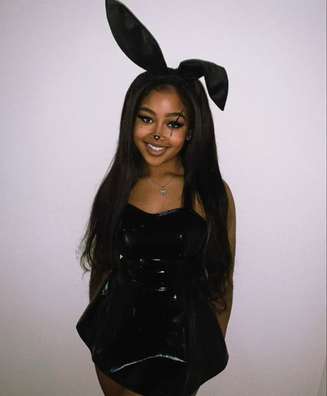 Play Boy Bunny Makeup Ideas, Black Bunny Makeup Halloween Look, Black Bunny Halloween Makeup, Dead Bunny Makeup, Black Bunny Makeup Halloween, Dark Bunny Makeup, Bunny Rabbit Makeup Halloween, Bunny Halloween Costume Makeup, Killer Bunny Makeup