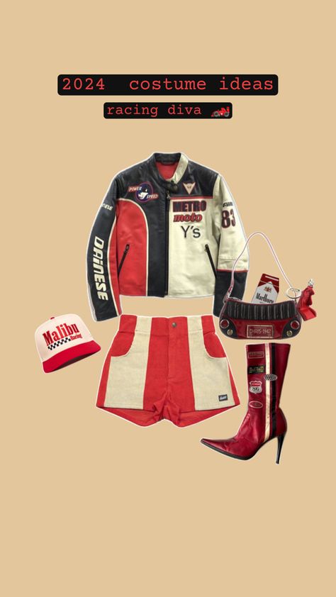 2024 halloween costume ideas women college bike biker racer racing nascar racer jacket red black vintage y2k sporty costume ideas Sporty Halloween Costumes, Biker Halloween Costume, Nascar Costume, Biker Costume, Racer Costume, Nascar Racers, Y2k Sporty, Costume Ideas Women, Racer Jacket