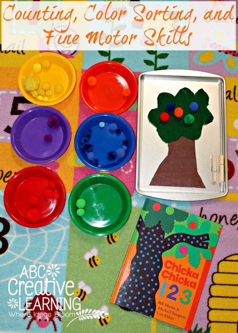 Counting, Color Sorting, and some Fine Motor Skills Chicka Chicka 1 2 3 Activities, Chicka Chicka Boom Boom Activities For Toddlers, Chicka Chicka 123, Chicka Chicka Boom Boom Activities, Chicka Chicka Boom Boom, Tree Study, Chicka Chicka, Preschool Fine Motor, Teaching Colors