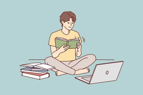 Guy sit on floor study on compute read textbooks prepare for exam. Focused male student enjoy books reading use computer for school preparation. Vector illustration. Work Cartoons, School Preparation, Student Council, Books Reading, Student Studying, Art Reference Poses, Vector Art, Art Reference, Books To Read