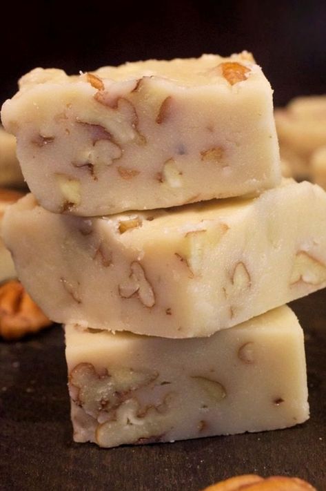 A stack of three pieces of pecan praline fudge. Praline Fudge, My Country Table, Candy Fudge, Pecan Praline, Holiday Baking Recipes, Country Table, Christmas Food Gifts, Pecan Pralines, Candy Recipes Homemade