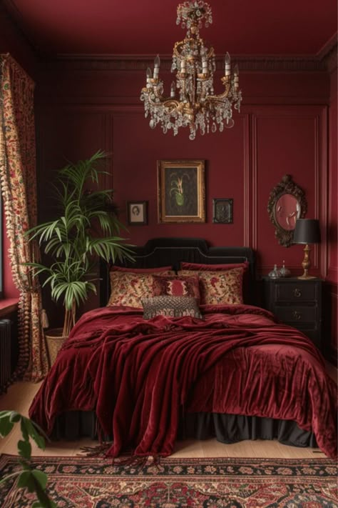 Hogwarts Bedroom, Burgundy Bedroom, Romantic Bed, Red Bedroom, Art Deco Bedroom, Moody Bedroom, Dark Bedroom, Mens Bedroom, Casa Vintage