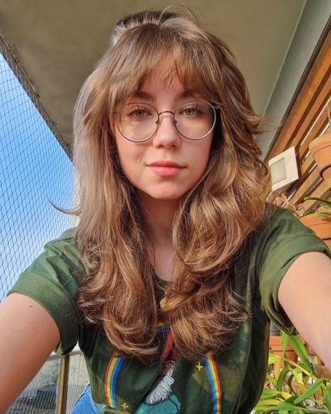 Bangs And Glasses Round Face, Wispy Bangs Round Face Glasses, Glasses With Bangs, Glasses And Bangs, Trans Haircuts, Bangs Layered Haircut, Granola Girl Hair, Glasses Haircut, Bangs With Glasses