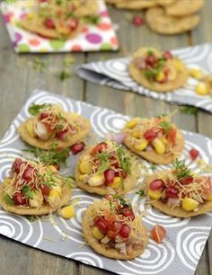 Corn Sev Puri recipe | Indian Chaat Recipes | by Tarla Dalal | Tarladalal.com | #2838 Desi Street Food, Puri Recipe, Puri Recipes, Recipe Indian, Puri Recipe Indian, Indian Chaat Recipes, Chat Recipes, Indian Chaat, Sev Puri