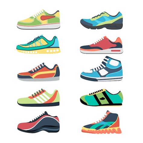 Premium Vector | Sneakers shoes. fitness footwear for sport, running and training. colorful modern shoe designs. sneaker side view cartoon icons vector set. bright massive footwear for casual lifestyle Clothing Illustration, Shoes Vector, Sneakers Illustration, Shoe Advertising, Black Friday Sale Banner, Colorful Sneakers, Shoes Illustration, White Tennis Shoes, Workout Shoes