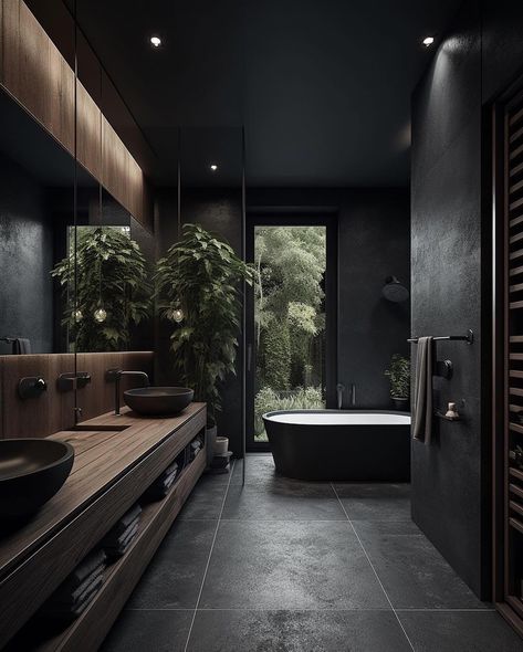 Black Stone Modern Bathroom Double Vanity Black Walls Dark Modern Bathroom, Dark Modern House, Modern Black Bathroom, Dark Bathroom Ideas, Dekorere Bad, Bathroom Design Black, Dark Bathrooms, Dark Modern, Bathroom Paint