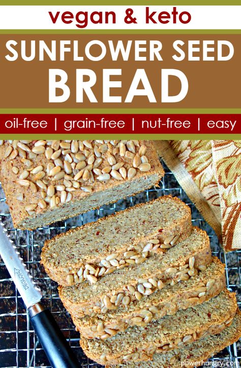 My vegan keto sunflower seed bread is equal parts scrumptious, frugal and easy to make! It is also nut-free, oil-free, & grain-free. #sunflowerseeds #sunflowerseedbread #vegan #keto #paleo #grainfree #glutenfree #oilfree #nutfree #eggfree #dairyfree #ketogenic #cleaneating #cleaneats #ketobread #frugal #easy #yeastfree #allergyfriendly #bread Sunflower Seed Flour Bread Keto, Gf Seed Bread, Gluten Free Sunflower Seed Bread, Keto Sunflower Seed Bread, Keto Sunflower Seed Recipes, Sunflower Keto Bread, Keto Seed Bread, Cassava Arepas, Aip Bread