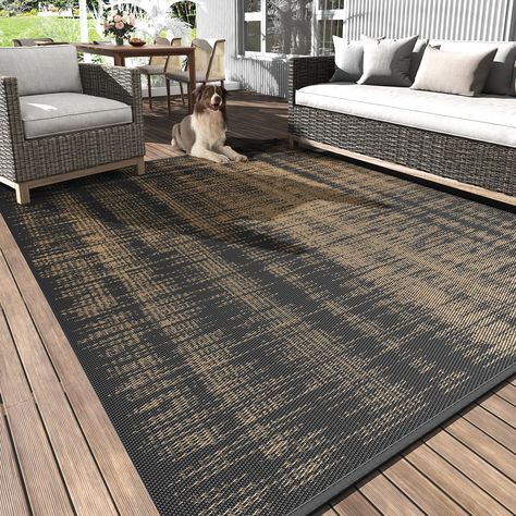 PRICES MAY VARY. Waterproof & Quick Dry: Regardless of how long the outdoor plastic straw rug is exposed to stains and dirt, it can be effortlessly cleaned by a simple rinse or wipe. The breathable woven outdoor carpet allows liquid to penetrate and evaporate rapidly in the breeze. Our easy-to-clean indoor outdoor rug is ideal for spaces that often encounter high traffic, spills, or dampness. Weatherproof & Durable: Waterproof outdoor rug with UV coating is resistant to fading, shedding and dama Rv Rugs Outdoor, Black Outdoor Rug, Outdoor Carpet Patio, Outdoor Rugs Patio Ideas, Outside Rug, Outdoor Camping Rugs, Waterproof Outdoor Rugs, Outdoor Patio Rug, Deck Rug