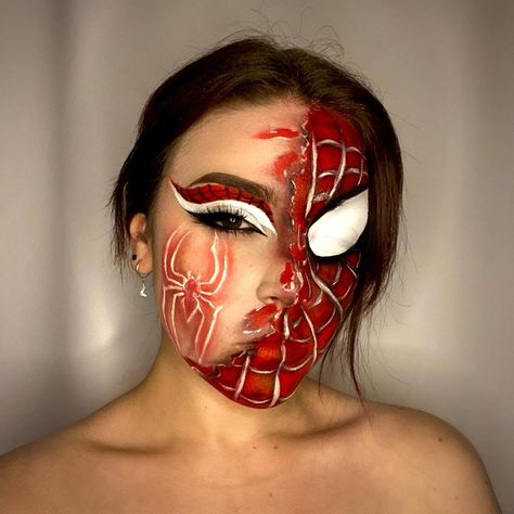 Simple Spiderman Makeup, Spider Man Face Makeup, Spider Man Halloween Makeup, Spiderman Makeup Ideas, Spiderman Eyeliner, Spiderman Makeup Woman, Spider Man Makeup Women, Face Painting Spiderman, Spiderman Eye Makeup