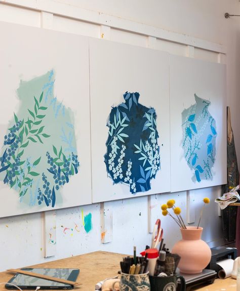 Layers and layers of foliage in progress on this commissioned triptych. 💙 Bailey Schmidt, Triptych Art, Sketchbook Illustration, Watercolor Sketchbook, Pen And Watercolor, Through The Looking Glass, June 15, Painting Art Projects, Botanical Art