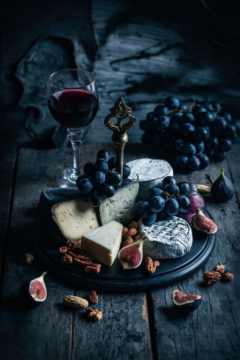 A dark, elegant cheese board set on a rustic wooden table with moody lighting, featuring various cheeses, grapes, figs, nuts, and a glass of red wine. Gothic aesthetic with shadows and rich textures. Fall Picnic Photoshoot, Witchy Dinner, Dark Academia Food, Cheese Board Aesthetic, Black Food Photography, Academia Food, Gothic Food, Gothic Dinner, Platter Table