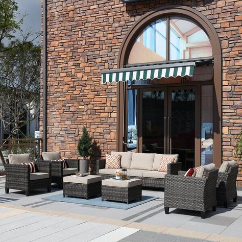 Courtyard Furniture, Outdoor Sectional Furniture, Lumbar Spine, Rattan Patio Furniture, Grey Cushion, Orange Cushions, Patio Sectional, Classic Outdoor, White Cushions