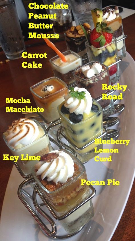 The Food Hussy!: Restaurant: Seasons 52 Mini Indulgences Season 52 Recipes, Seasons 52 Desserts Recipe, Dessert Flight Boards, Dessert Flights, Mocha Macchiato, Sonography Student, Peanut Butter Mousse, Mini Pie, Cool Restaurant