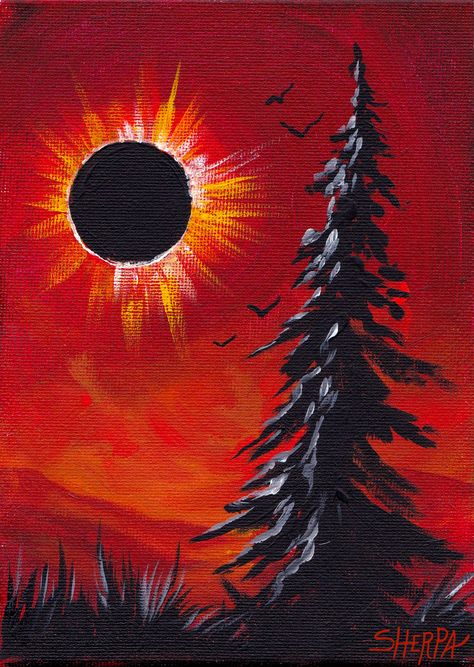 Dark Pine Eclipse Painting Acrylic on Canvas by The Art Sherpa www.theartsherpa.com 2017 Red Sun Painting, Eclipse Drawing Art, Eclipse Painting Ideas, Eclipse Painted Rocks, Eclipse Artwork, Eclipse Painting, Dark Acrylic Painting, Eclipses Art, The Art Sherpa