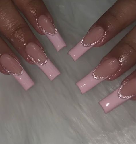 Pink Nails With Glitter, Nails With Glitter, Glittery Nails, Colorful Nails, French Tip Acrylic Nails, Simple Acrylic Nails, Classy Acrylic Nails, Long Acrylic Nails Coffin, Long Square Acrylic Nails