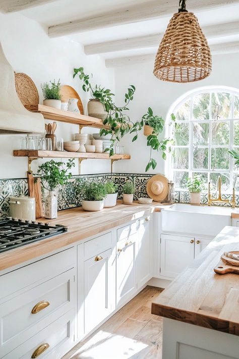 Kitchen wall adorned with Bohemian-inspired paintings, plants, and decor, enhancing the warm, artistic vibe. Kitchen Painting Ideas, Small Boho Kitchen, My Dream Home Kitchen, Boho Chic House, Coastal Boho Kitchen, Boho Farmhouse Kitchen, Creative Storage Ideas, Boho Chic Kitchen, White Cabinets White Countertops