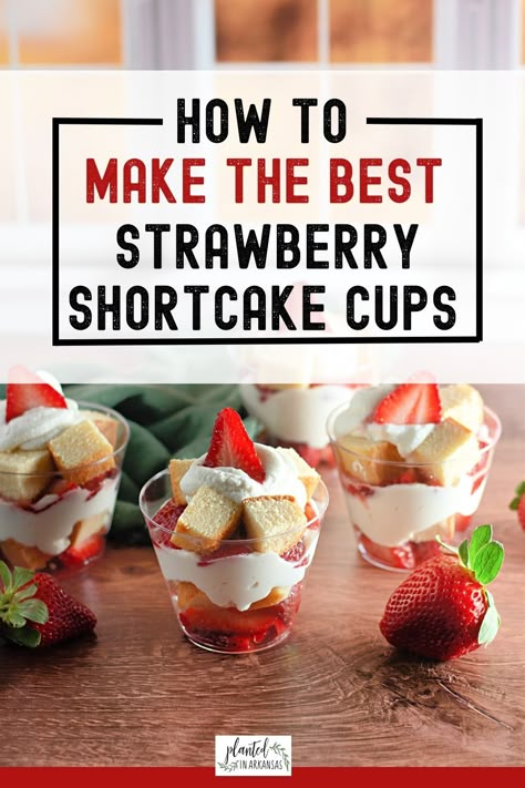 Indulge in the sweet and tangy flavors of our strawberry shortcake cups! Made with fresh strawberries and fluffy homemade whipped cream, these individual desserts with strawberries are perfect for any occasion. Try our easy recipe for mini strawberry cake cups! Strawberry shortcake trifle cups make the best mini desserts for parties! Strawberry Mini Dessert Cups, Mini Shortcake Cups, Strawberry Shortcake On A Stick, Mini Strawberry Shortcake Recipe, Strawberry Shortcake Mini Desserts, Strawberry Shortcake Party Food Ideas, Strawberry Shortcake Single Serve, Strawberry Shortcake For A Crowd Parties, Strawberry Shortcake Shooters Recipe