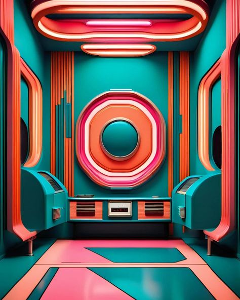 "3D Retro-Futuristic Neon Interior Design" A vibrant retro-futuristic interior design with bold neon colors and geometric shapes. The teal and pink palette, along with the circular and linear elements, create a nostalgic yet forward-thinking atmosphere. Perfect for illustrating sci-fi concepts, futuristic designs, or vibrant urban art, this image merges vintage aesthetics with modern creativity #3d #futuristic #retro #neonlights #geometric #nostalgic #interiordesign #illustration #scifi #ur... Teal Futuristic Aesthetic, Futuristic Color Palette, Neon Interior Design, Retro Futuristic Aesthetic, Retro Futuristic Interior, Sci Fi Interior, Futuristic Vintage, 3d Futuristic, Futuristic Retro