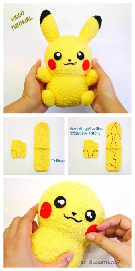 DIY Sock Pikachu Toy Free Sewing Pattern +Video | Fabric Art DIY Pikachu Toy, Sock Animals Diy, Diy Sock Toys, Plushies Diy, Pikachu Pikachu, Diy Sy, Pokemon Diy, Pokemon Craft, Fabric Crafts Diy