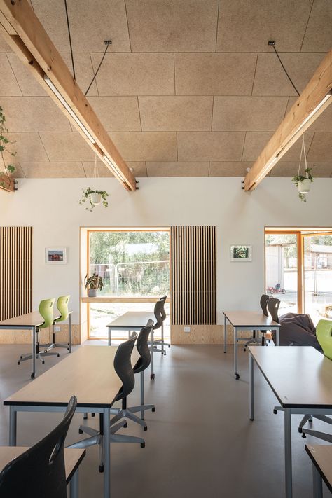 The indoor climate of the classrooms at this school is high level. Troldtekt acoustic panels on the vaulted ceiling surfaces guarantee superior acoustics, creating the perfect classroom environment. #goodacoustics #holzwolleplatten #träullsplattor #acousticpanels | Architects: Henning Larsen Architects A/S Lighting In Classrooms, Classroom Lighting, Wood Wool Panels, Acoustics Design, Architectural Thesis, Perfect Classroom, School Hall, Henning Larsen, Home Nyc