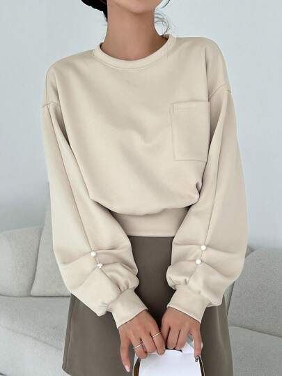 Solid Stand Collar Drop Shoulder Sweatshirt | SHEIN USA Women Sweatshirts, Dropped Shoulder Sweatshirt, Modest Fashion Outfits, Tee Outfit, Girl Sweatshirts, Casual Sweatshirt, Primavera Estate, Comfortable Fashion, Modest Fashion