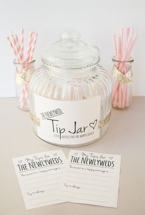 Make this fun and cute Newly Wed Tip Jar:  http://www.confettidaydreams.com/newlywed-tip-jar/      Using a large cookie jar, some lightweight cardstock, paper glitter tape and our free printable downloads - here's how to make this cute Tip Jar for your wedding as an adorable guest book alternative! Fun Guest Book, Diy Guest Book, Advice For Newlyweds, Bridal Shower Activities, Bridal Shower Planning, Wedding Guest Book Unique, Tip Jars, Bridal Shower Diy, Wedding Activities