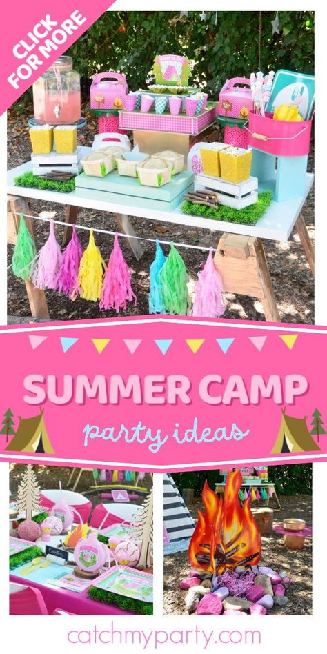 Check out this cute pink summer camp birthday party! The table settings are excellent! See more party ideas and share yours at CatchMyParty.com Camp Barbie, Summer Camp Birthday Party, Camp Birthday Party, Camp Birthday, Birthday Camping, Glamping Party, Camping Summer, Camping Theme Party, Camping Birthday Party