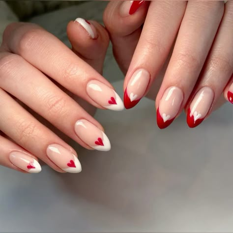 Cute Heart Design Nails, Heart French Nail, Nails French Tip Valentine, White French Tip With Red Heart Nails, Cute Red Heart Nails, Valentines Nail Simple, Red Tip Nails Valentines, Trending Valentines Nails 2024, Red White Heart Nails