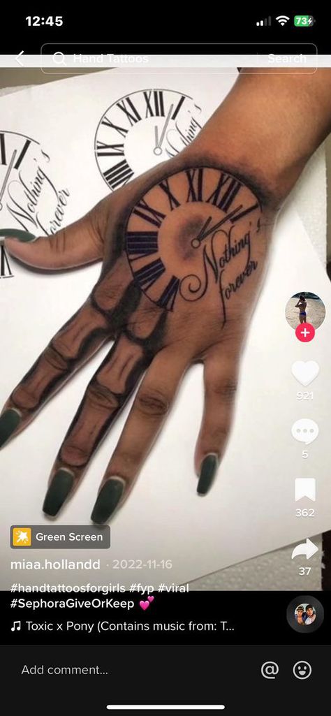 Good Hand Tattoos, Clock Hand Tattoos For Women, Money Meaning Tattoo, Nothing Lasts Forever Tattoo Hand, Nothings Forever Hand Tattoo, Gangsta Tattoos For Women Hand, Hand Tattoos For Women Drawing, Money Tattoo Ideas For Women, Big Hand Tattoos