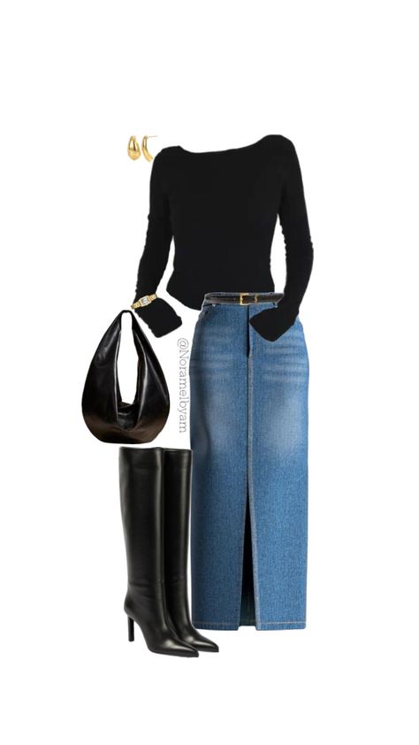 Ib: @ _joannagraziano on insta❤️ this must be my new favorite I’ve done😍 even tho it’s so simple, but that’s what’s making it #chic #effortless #fallfashion #kneehighboots #trending #beauty #minimal Maxi Skirt Outfit Ideas, Denim Maxi Skirt Outfit, Skandinavian Fashion, Effortlessly Chic Outfits, Denim Maxi, Kaia Gerber, Denim Maxi Skirt, Mode Inspo, Looks Chic