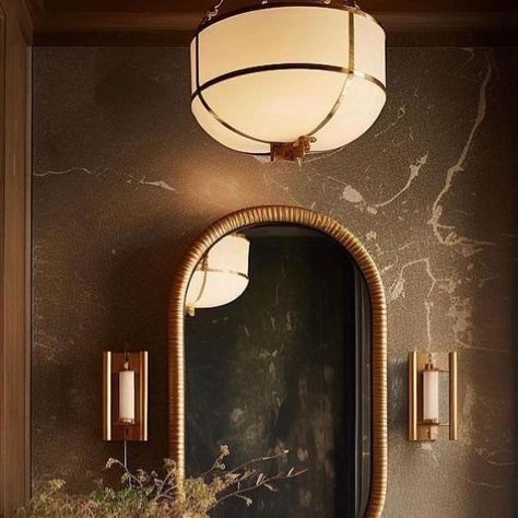 Kirsten Blazek on Instagram: "This bathroom is a moody MARVEL 🤎🤎🤎Design by @houseliftdesign" Zen Powder Room, Moody Powder Bath, Bathroom Moodboard, Luxury Powder Room, Luxury Powder, Bathrooms Inspiration, Loft Inspiration, Powder Bathroom, Bath Lighting