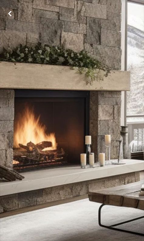 Castle Fireplace Aesthetic, Beautiful Stone Fireplaces, Italian Fireplace Design, Mountain Modern Fireplace Mantels, Stone Fireplace Over Grout, Real Wood Fireplace Ideas, Large Hearth Fireplace, Faux Stone Fireplace Surround, Pass Thru Fireplace