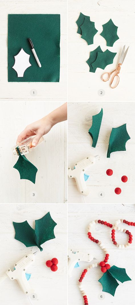 Felt Mistletoe Diy Pattern, Felt Paper Christmas Decor, Mistletoe Diy Christmas, Holly Garland Diy, Felt Garland Diy Christmas, Felt Mistletoe Diy, Felt Holiday Garland, Diy Felt Garland Christmas, Christmas Felt Garland Diy