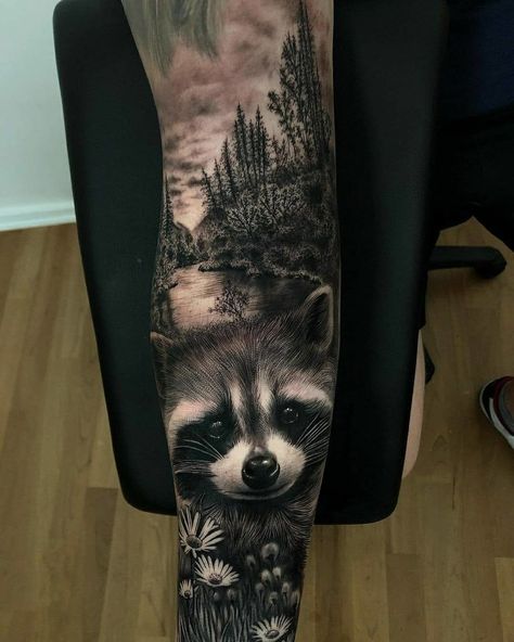 Racoon Tattoo, Deer Skull Tattoos, Underarm Tattoo, Animal Tattoos For Women, Raccoon Tattoo, Animal Sleeve Tattoo, Nature Tattoo Sleeve, Full Sleeve Tattoo Design, Forest Tattoos